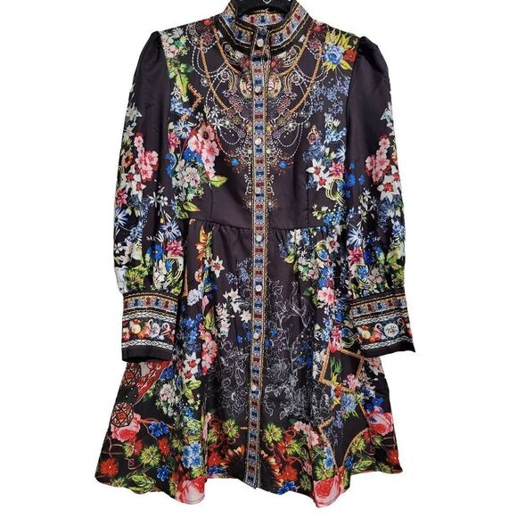 Floral Printed Mock Neck Long Sleeve Button Casual Shirt Dress - Picture 1 of 12